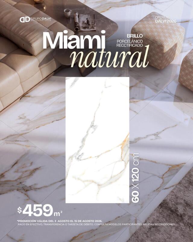 Porcelanato Miami Natural acabado brillo 60x120 cm instalado en sala moderna, oferta agosto 2026 Grupo Dalvi Puebla