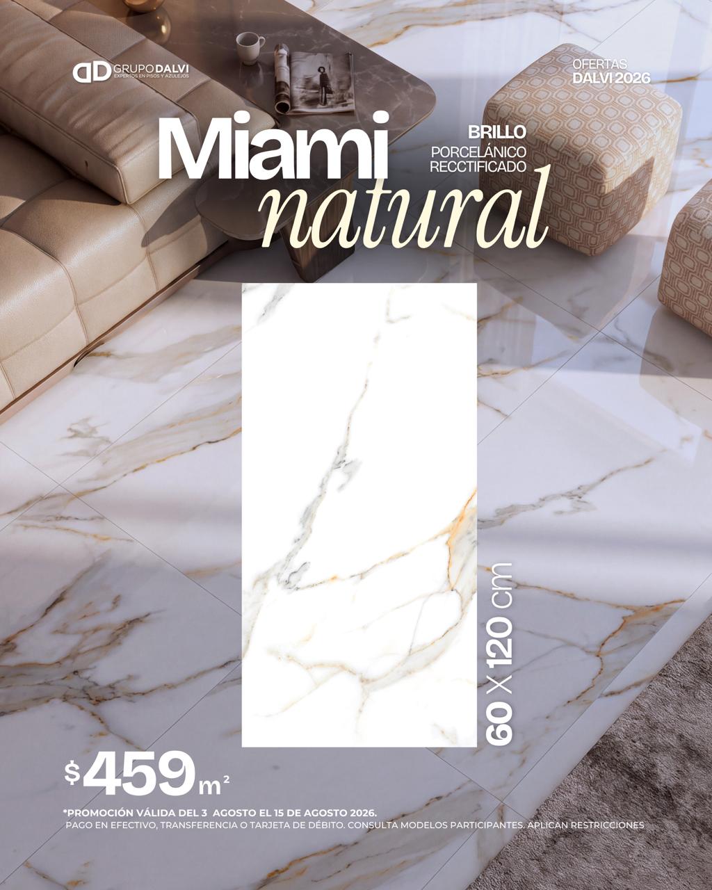 Porcelanato Miami Natural acabado brillo 60x120 cm instalado en sala moderna, oferta agosto 2026 Grupo Dalvi Puebla