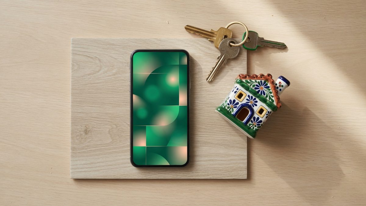 App Wise en el celular junto a casita mexicana de talavera y llaves — pagar materiales desde Estados Unidos con Grupo Dalvi Puebla