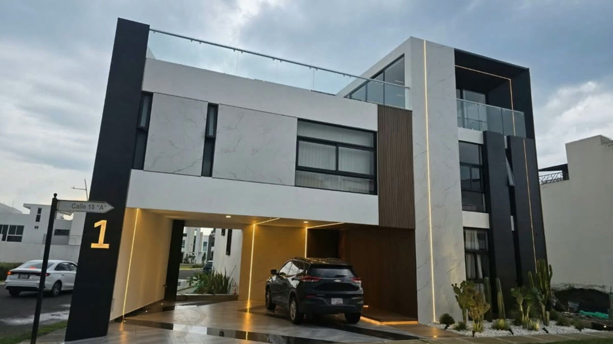 Residencia diseñada por Silva Arquitectos en Puebla con fachada de porcelanato símil mármol — Grupo Dalvi