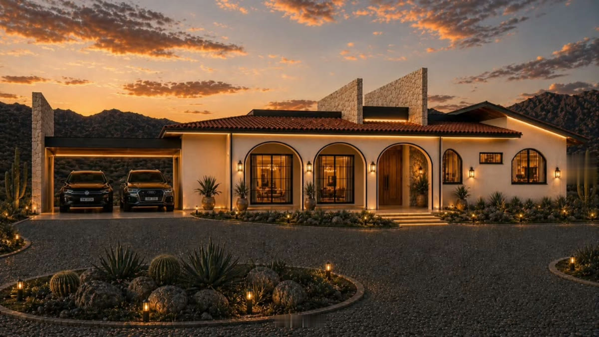 Render de residencia estilo hacienda contemporánea diseñada por Silva Arquitectos