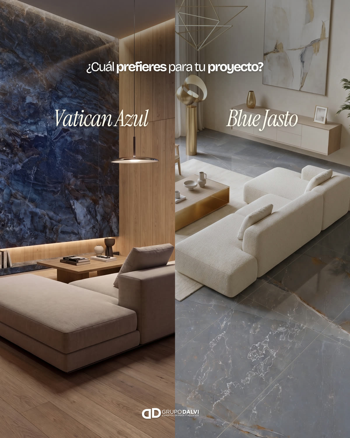 Comparación de porcelanatos azules Vatican Azul vs Blue Jasto de Grupo Dalvi