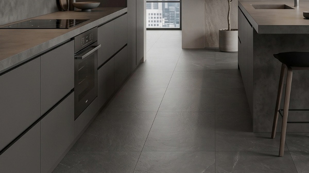 Cocina moderna con piso mate gris grafito de gran formato, tendencia 2026 en Grupo Dalvi Puebla