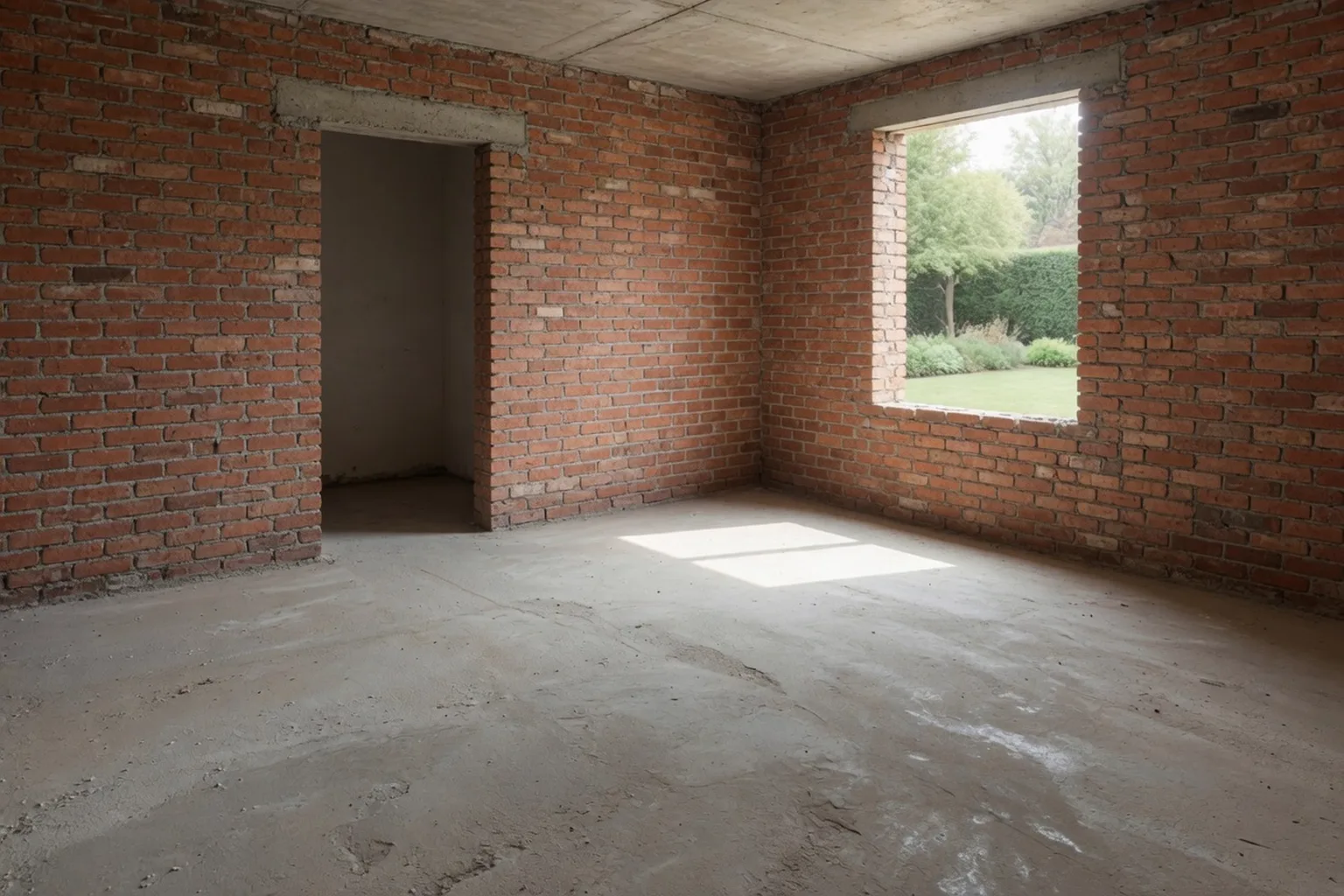 Antes conceptual del mismo estudio en obra gris: concreto, ladrillo expuesto y vano abierto, sin muebles, ventanas ni lámparas