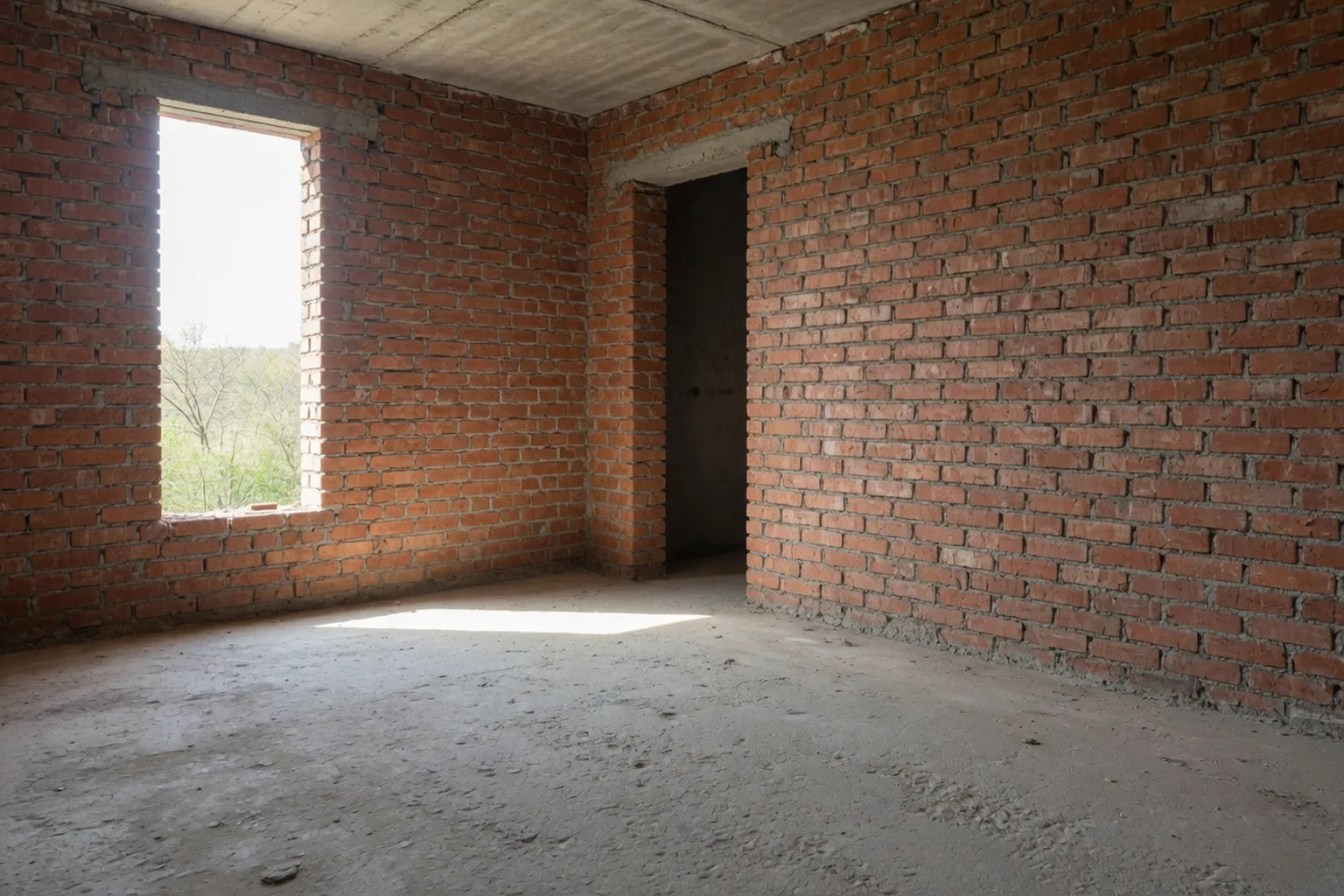 Antes conceptual del mismo vestíbulo en obra gris: concreto, ladrillo expuesto y vano abierto, sin muebles, ventanas ni lámparas