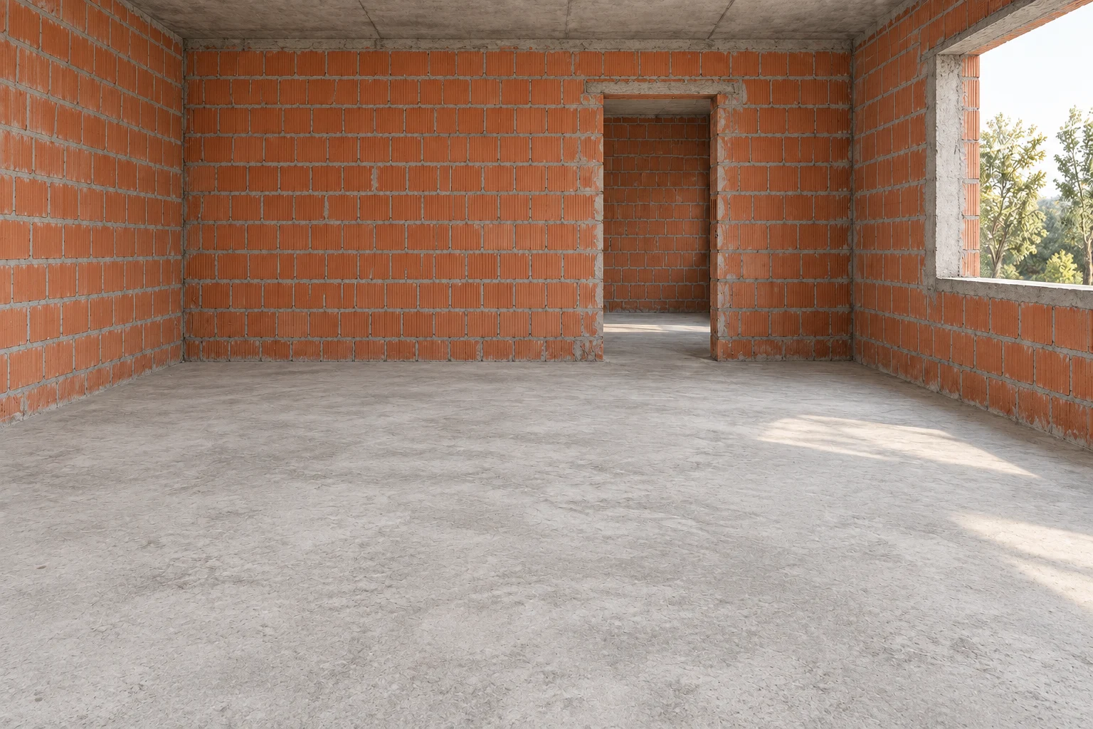 Antes conceptual del estudio en obra gris: concreto, ladrillo expuesto y vano abierto, sin muebles, ventanas ni lámparas