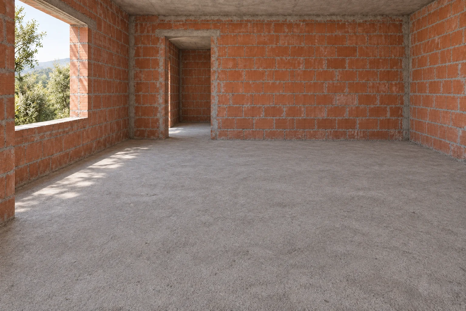 Antes conceptual de la recámara en obra gris: concreto, ladrillo expuesto y vano abierto, sin muebles, ventanas ni lámparas