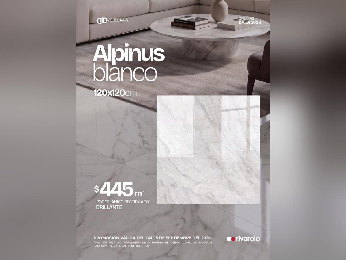 Alpinus Blanco 120x120 cm, porcelánico rectificado brillante tipo mármol para piso, marca Rivarolo, a 445 pesos el metro cuadrado en Grupo Dalvi Puebla