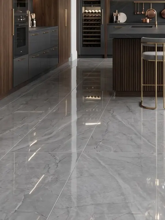 Ambiente de referencia del piso Bogart Silver 60x120 cm, porcelánico rectificado brillante
