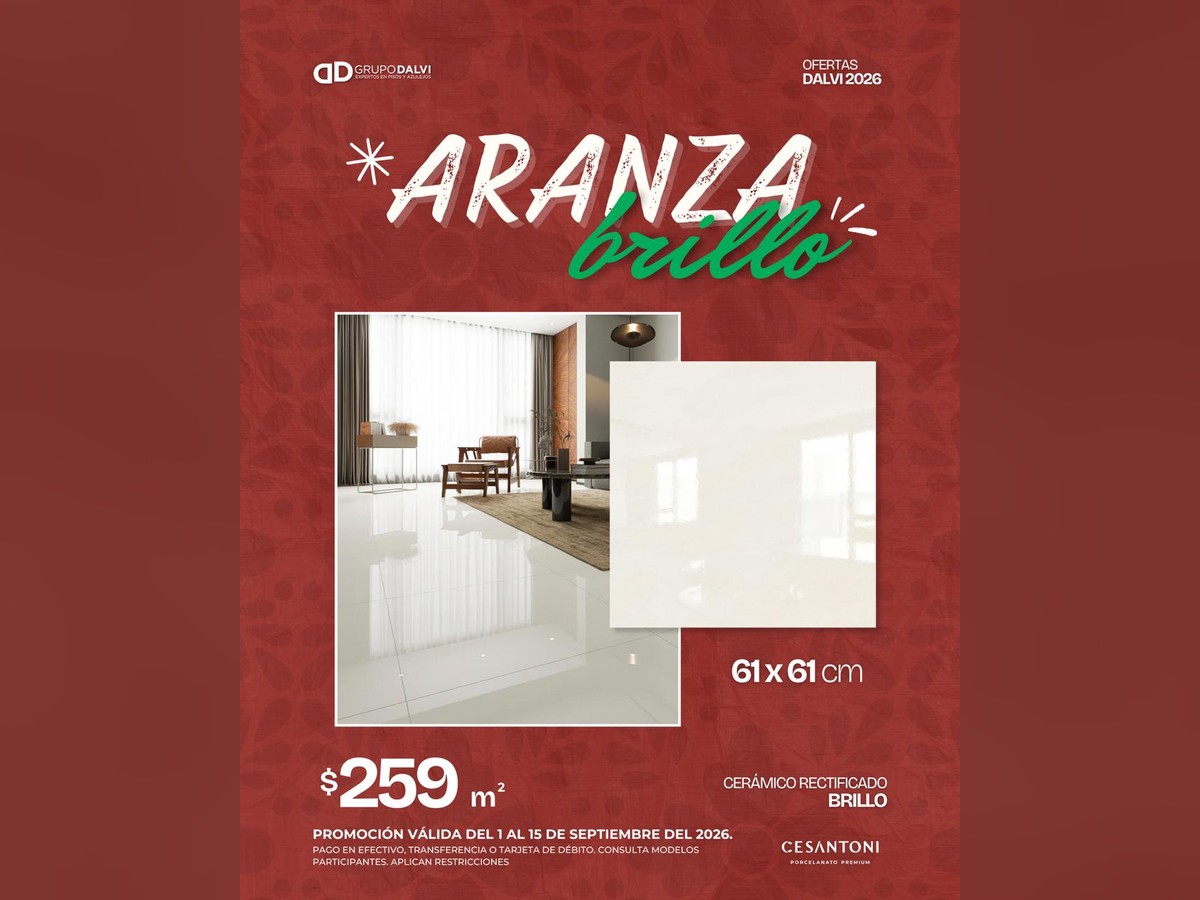 Aranza Brillo 61x61 cm, cerámico rectificado brillo de Cesantoni, a 259 pesos el metro cuadrado del 1 al 15 de septiembre de 2026 en Grupo Dalvi Puebla