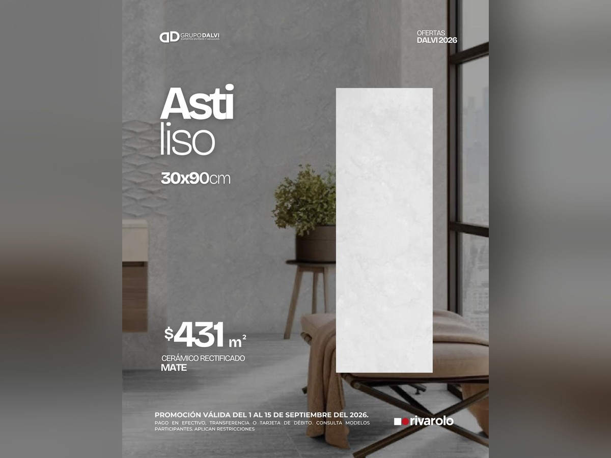 Asti Liso 30x90 cm, cerámico rectificado mate blanco liso para muro, marca Rivarolo, a 431 pesos el metro cuadrado en Grupo Dalvi Puebla