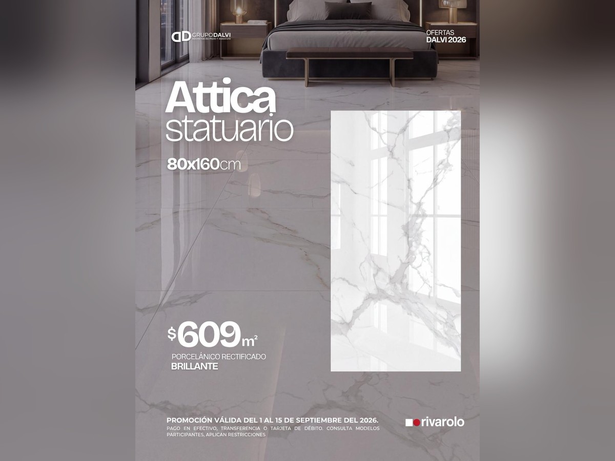 Attica Statuario 80x160 cm, porcelánico rectificado brillante tipo mármol para piso, marca Rivarolo, a 609 pesos el metro cuadrado en Grupo Dalvi Puebla