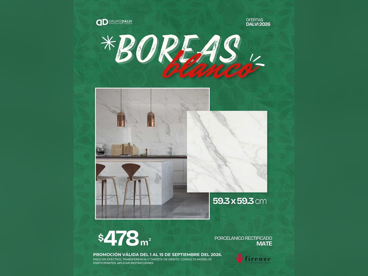 Boreas Blanco 59.3x59.3 cm, porcelánico rectificado mate de Firenze, a 478 pesos el metro cuadrado del 1 al 15 de septiembre de 2026 en Grupo Dalvi Puebla