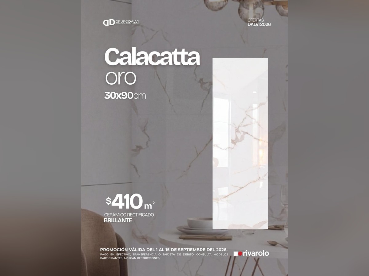 Calacatta Oro 30x90 cm, cerámico rectificado brillante tipo mármol para muro, marca Rivarolo, a 410 pesos el metro cuadrado en Grupo Dalvi Puebla