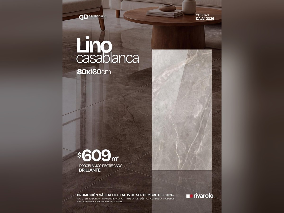 Lino Casablanca 80x160 cm, porcelánico rectificado brillante tipo mármol para piso, marca Rivarolo, a 609 pesos el metro cuadrado en Grupo Dalvi Puebla