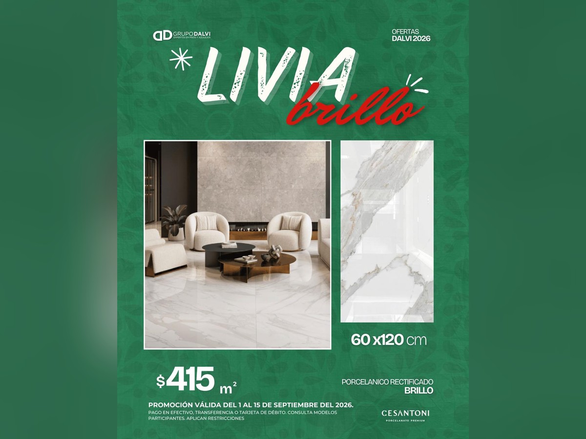 Livia Brillo 60x120 cm, porcelánico rectificado brillo de Cesantoni, a 415 pesos el metro cuadrado del 1 al 15 de septiembre de 2026 en Grupo Dalvi Puebla