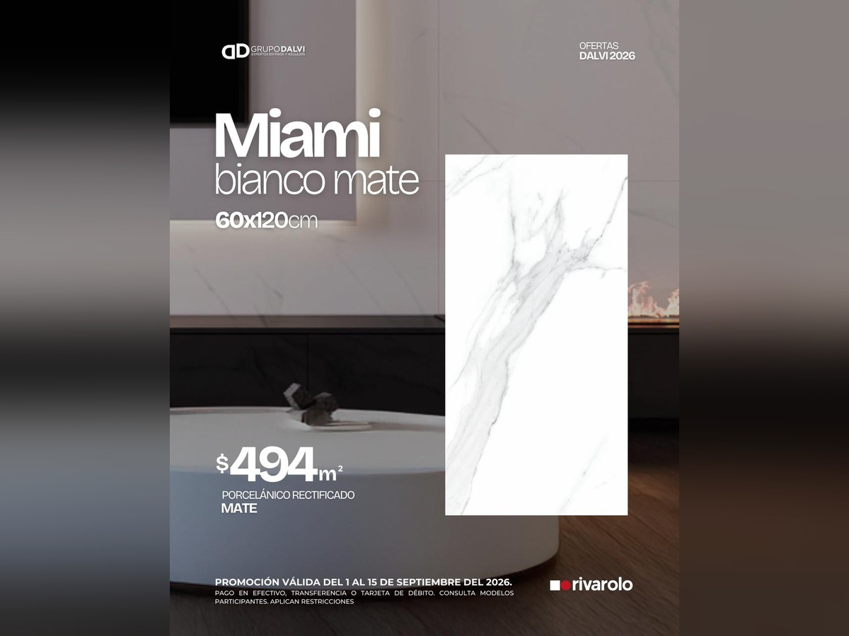 Miami Bianco Mate 60x120 cm, porcelánico rectificado mate tipo mármol para piso, marca Rivarolo, a 494 pesos el metro cuadrado en Grupo Dalvi Puebla
