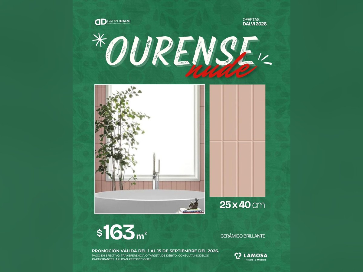Ourense Nude 25x40 cm, cerámico brillante de Lamosa, a 163 pesos el metro cuadrado del 1 al 15 de septiembre de 2026 en Grupo Dalvi Puebla