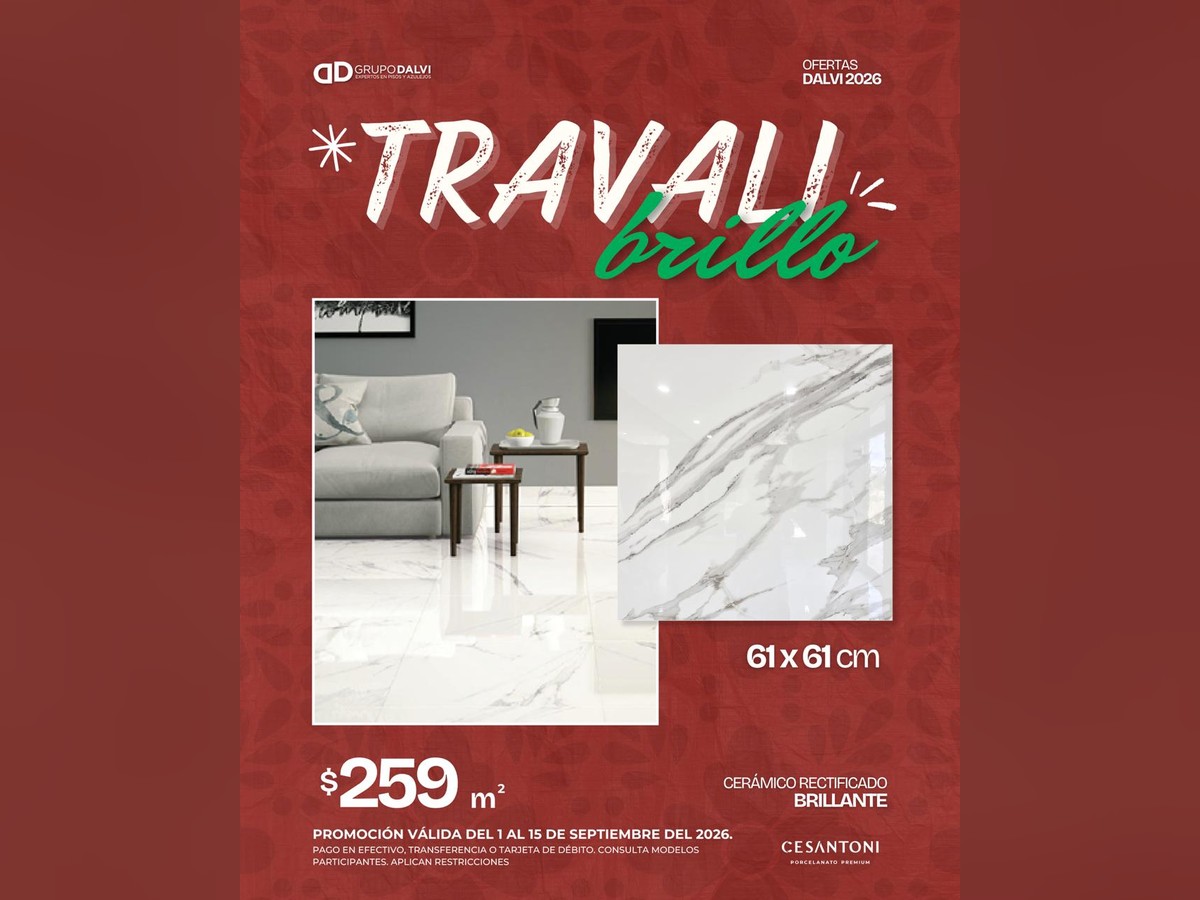 Travali Brillo 61x61 cm, cerámico rectificado brillante de Cesantoni, a 259 pesos el metro cuadrado del 1 al 15 de septiembre de 2026 en Grupo Dalvi Puebla