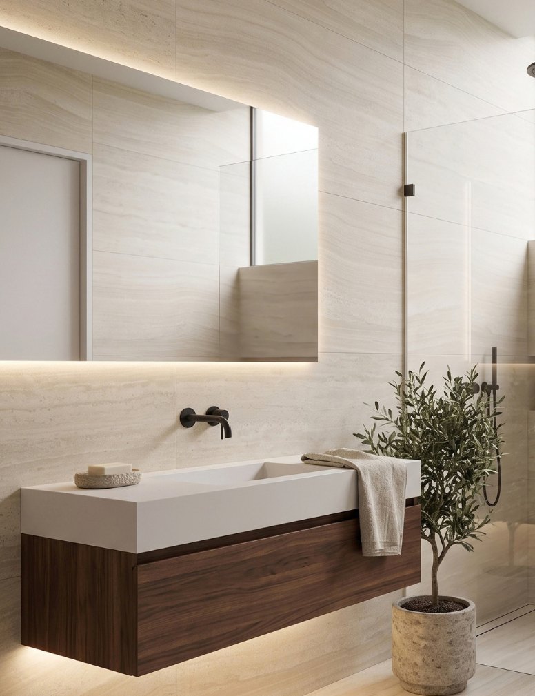Frattino 60x120 mate de Cesantoni en muro de baño color crema con veta lineal, Grupo Dalvi Puebla