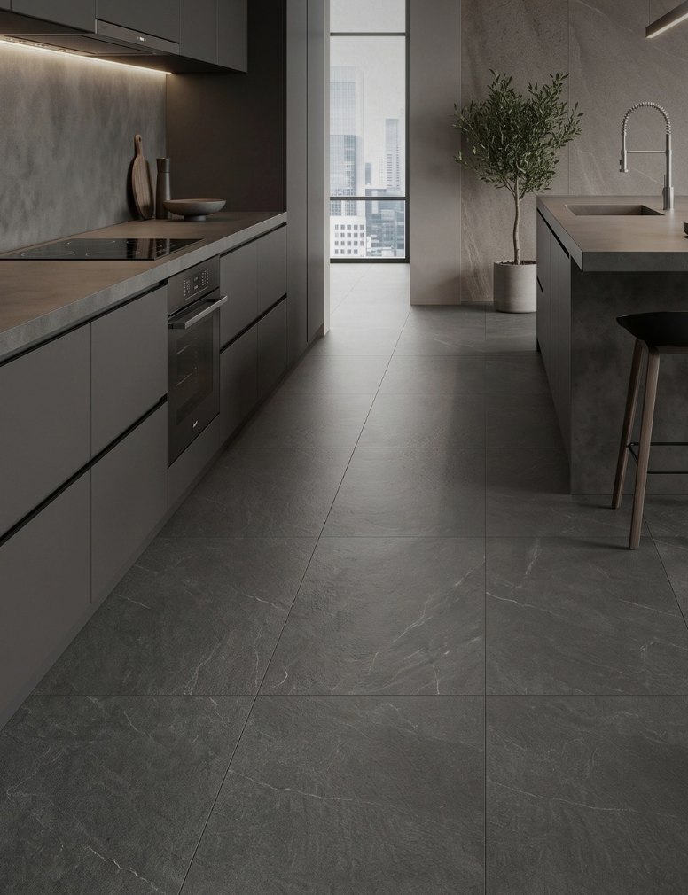 Piso Kiel Dark 60x120 mate de Cesantoni en cocina gris grafito con ventanal, Grupo Dalvi Puebla