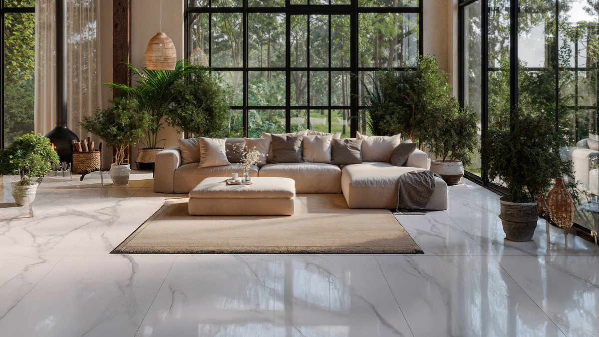 Sala amplia con piso tipo mármol blanco de gran formato, referencia visual de la colección Rivarolo que Grupo Dalvi distribuye en Puebla