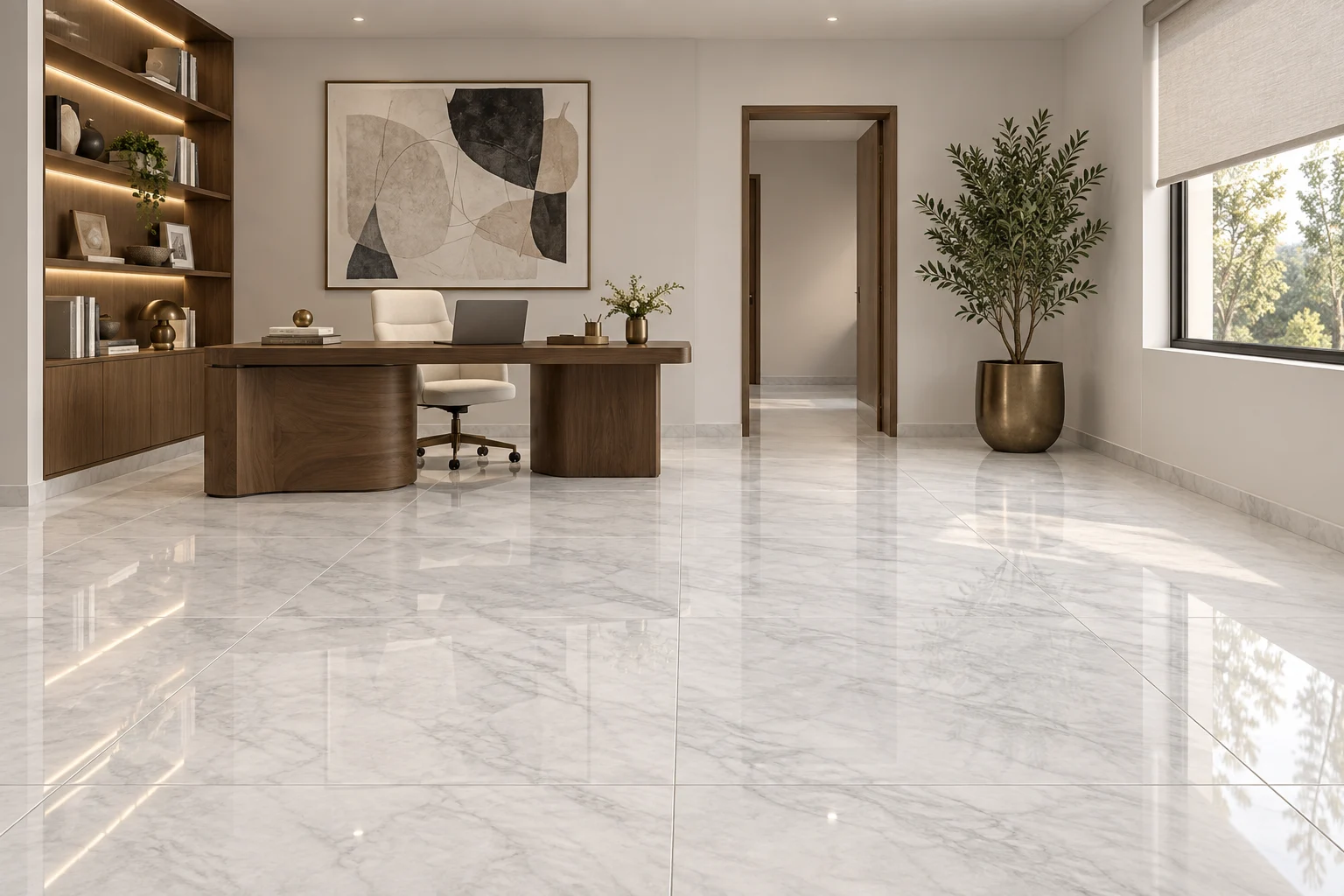 Estudio conceptual con porcelanato Alpinus Blanco de 120 × 120 cm: alto brillo, blanco con gris difuminado