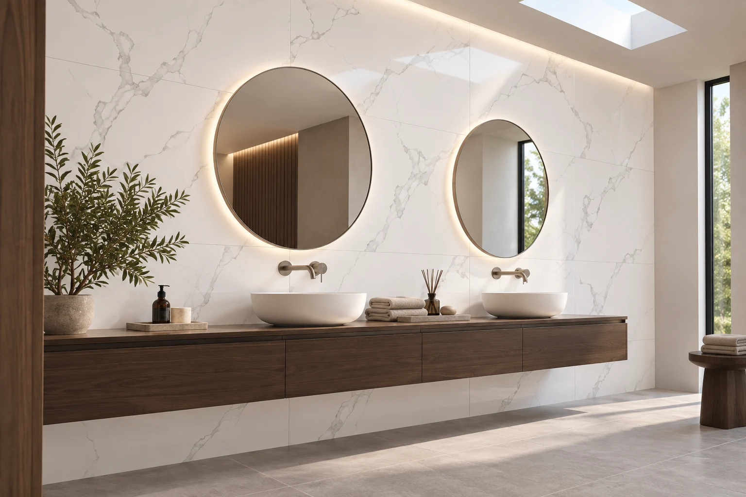 Baño conceptual con porcelanato Attica Statuario de 80 × 160 cm en el muro: blanco con vetas grises; el piso es otro acabado
