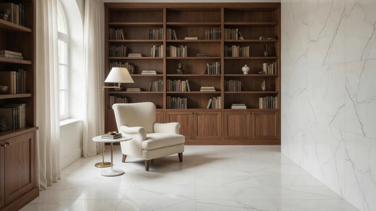 Sala de lectura conceptual con piso porcelanato Carrara White de 60 × 120 cm: blanco con vetas grises tipo Carrara, alto brillo — Grupo Dalvi, Puebla