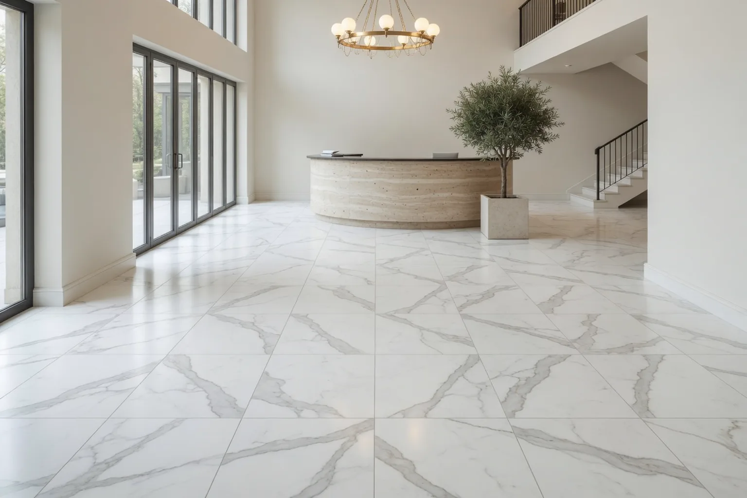 Lobby residencial conceptual con piso porcelanato Catelino Statuario de 120 × 120 cm: blanco con vetas grises tipo estatuario, alto brillo
