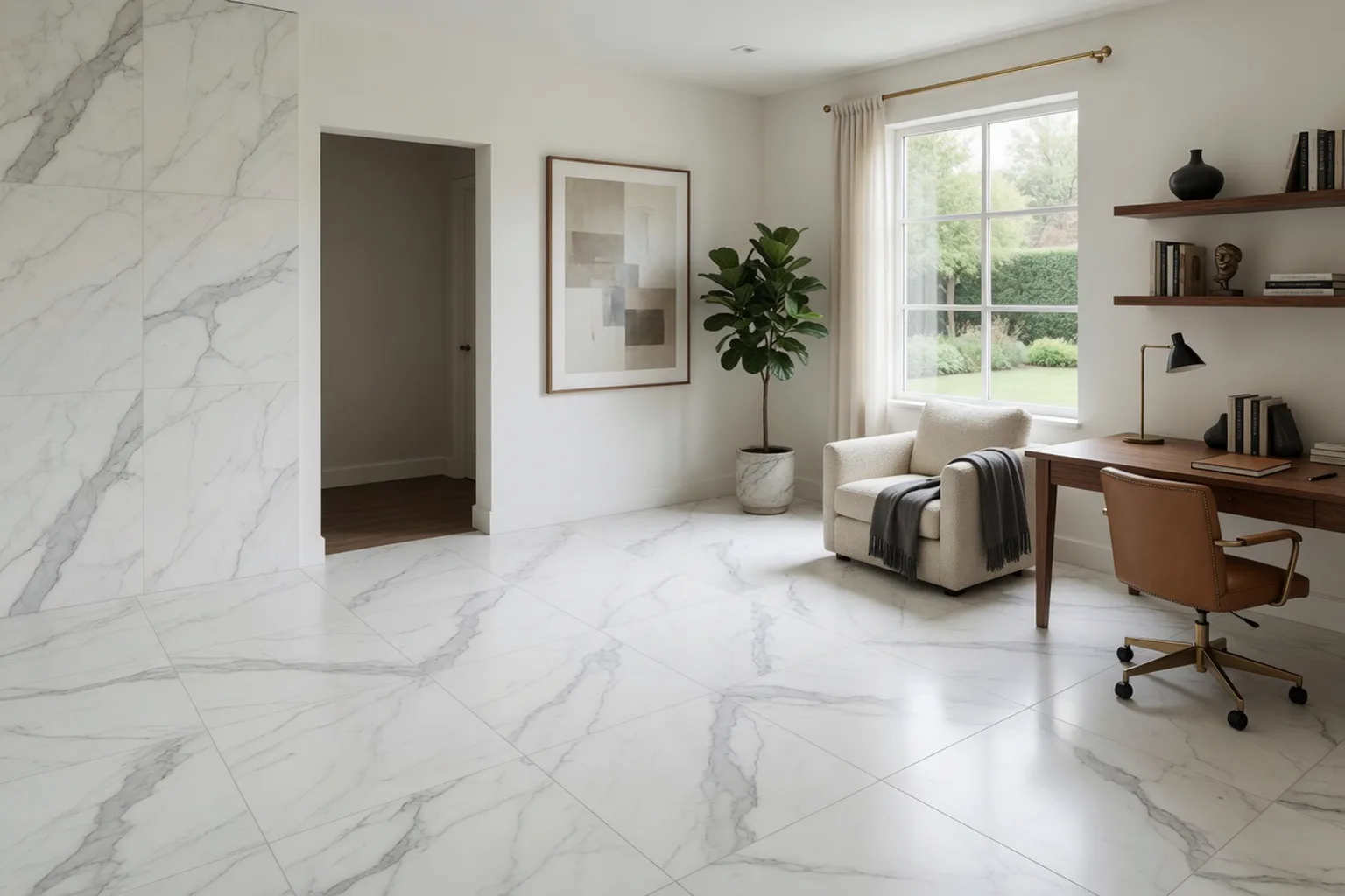Estudio conceptual con porcelanato Catelino Statuario de 120 × 120 cm en piso y muro: blanco con vetas grises tipo estatuario, alto brillo