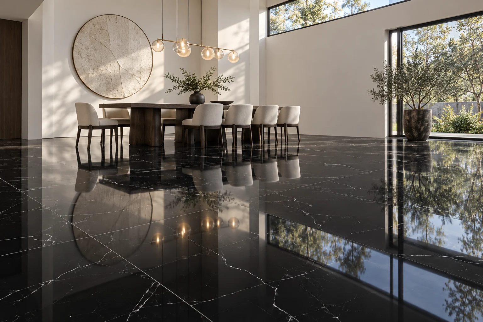 Comedor conceptual con piso porcelanato Corner Black de 60 × 120 cm: negro con vetas claras y alto brillo