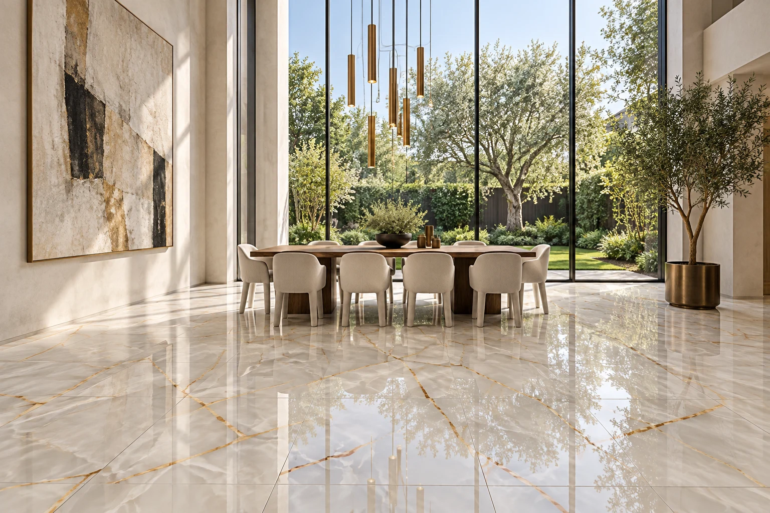 Comedor conceptual de doble altura con vista al jardín y piso porcelanato Lasa Oro de 60 × 120 cm, alto brillo con vetas doradas