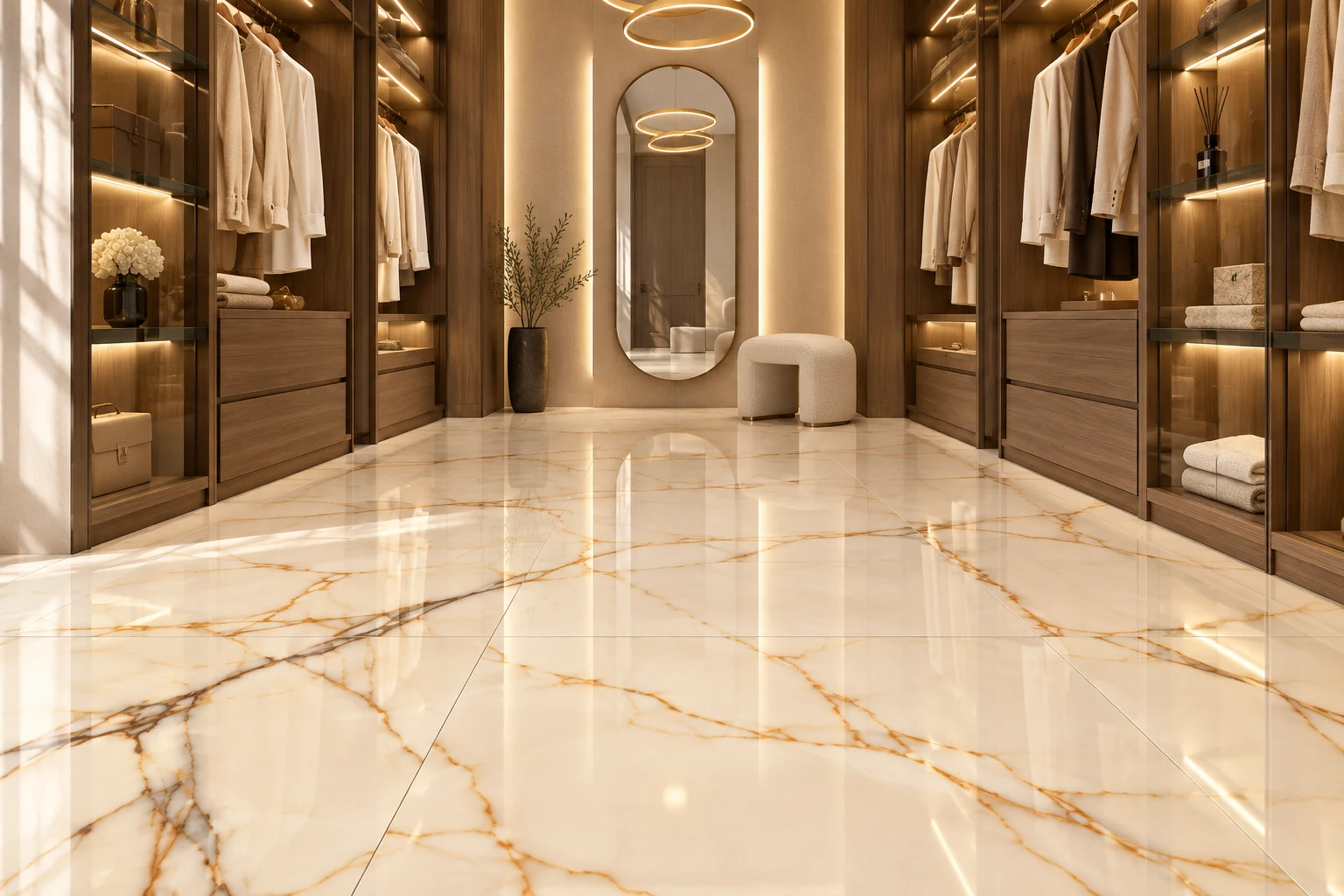 Vestidor conceptual con piso porcelanato Logger Ivory de 80 × 160 cm: marfil con vetas cálidas y alto brillo