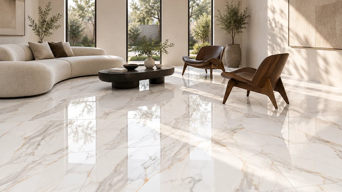 Sala conceptual con piso porcelanato Miami Natural Brillo de 60 × 120 cm: blanco con vetas grises y doradas, alto brillo — Grupo Dalvi, Puebla