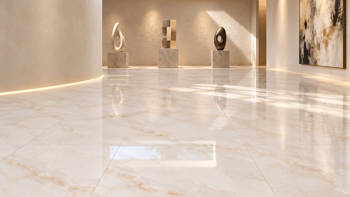 Galería de arte conceptual con piso porcelanato Pearl Onyx de 120 × 120 cm: tonos perla y crema, alto brillo — Grupo Dalvi, Puebla