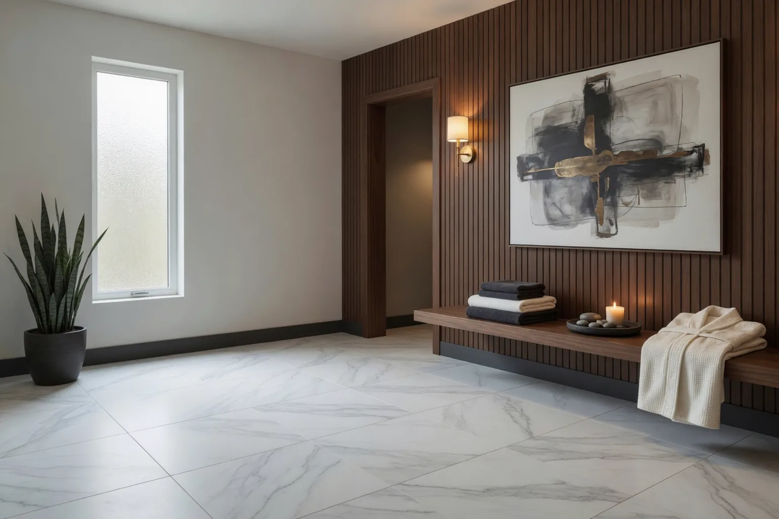 Vestíbulo conceptual con porcelanato Senso Statuario de 60 × 120 cm en el piso: blanco con vetas suaves, acabado mate carving
