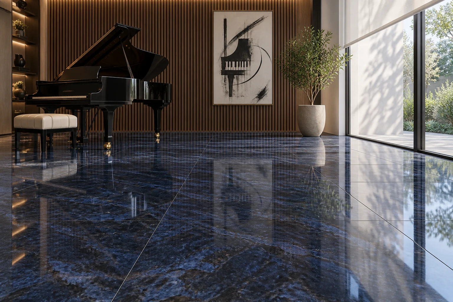 Sala de música conceptual con piso porcelanato Vatican Azul de 60 × 120 cm: azul profundo con textura mineral y alto brillo