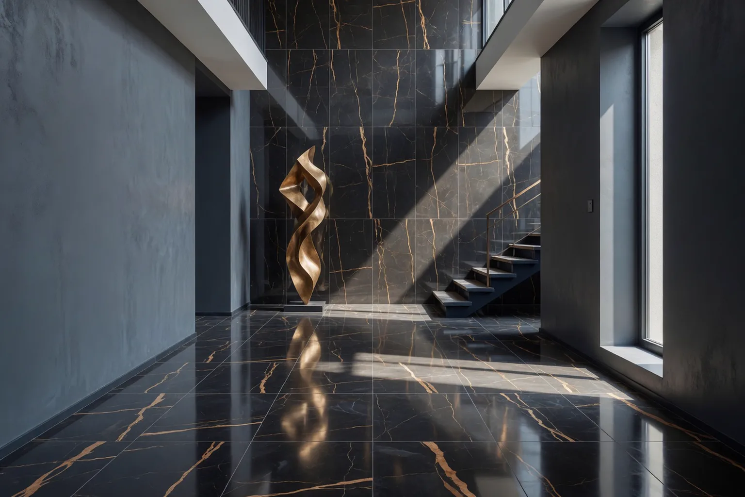 Recibidor conceptual de doble altura con porcelanato Versus Gold de 60 × 120 cm en muro y piso: negro con vetas cobrizas, alto brillo