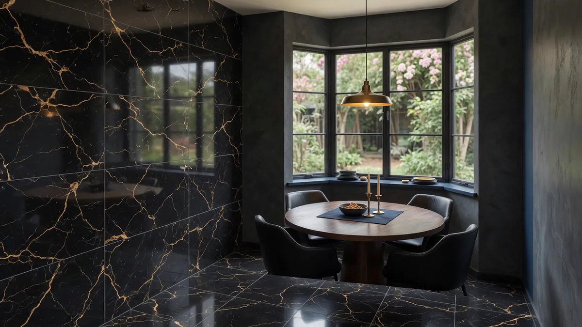 Comedor conceptual con porcelanato Versus Gold de 60 × 120 cm en piso y muro: negro con vetas cobrizas, alto brillo — Grupo Dalvi, Puebla