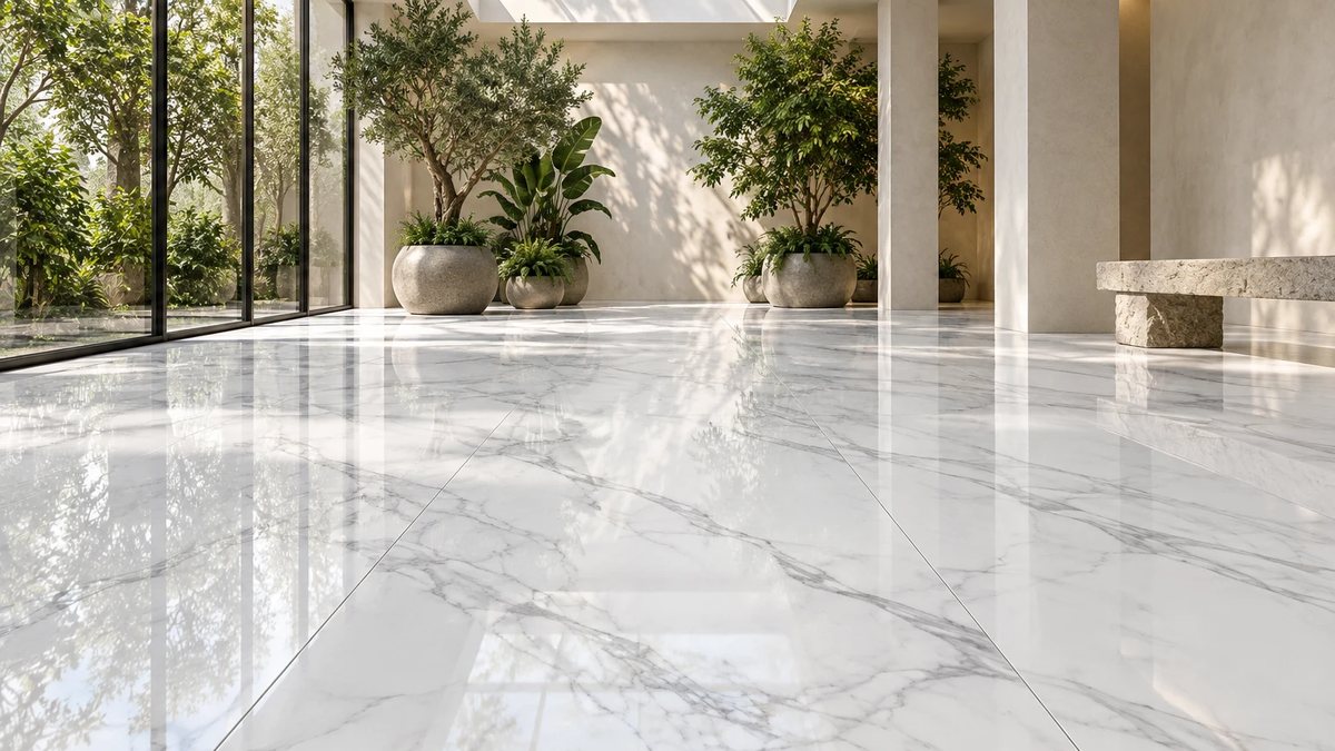 Jardín interior conceptual con piso porcelanato Vita Statuario de 120 × 240 cm: blanco con vetas grises, acabado brillo — Grupo Dalvi, Puebla
