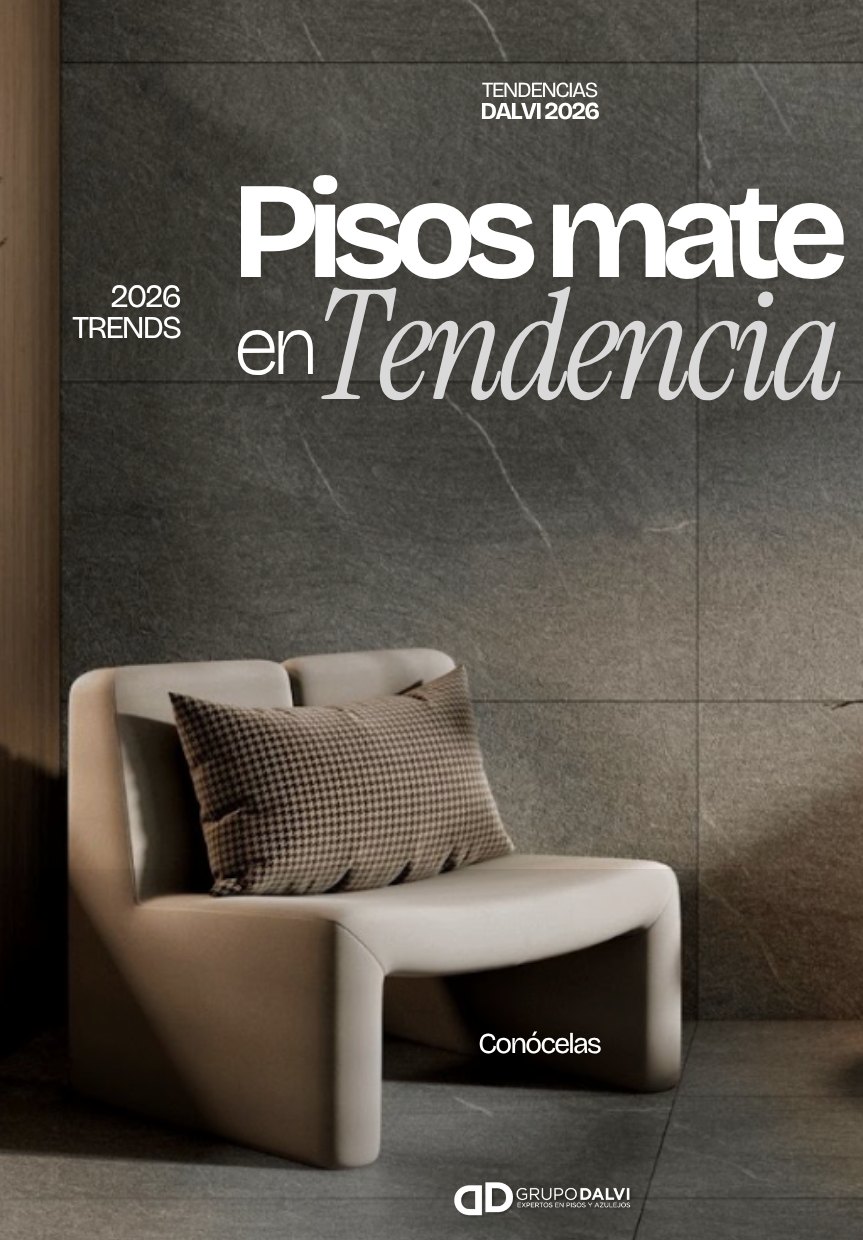 Portada de la serie Pisos mate en tendencia 2026 de Grupo Dalvi: sala con muro gris oscuro y sillón crema