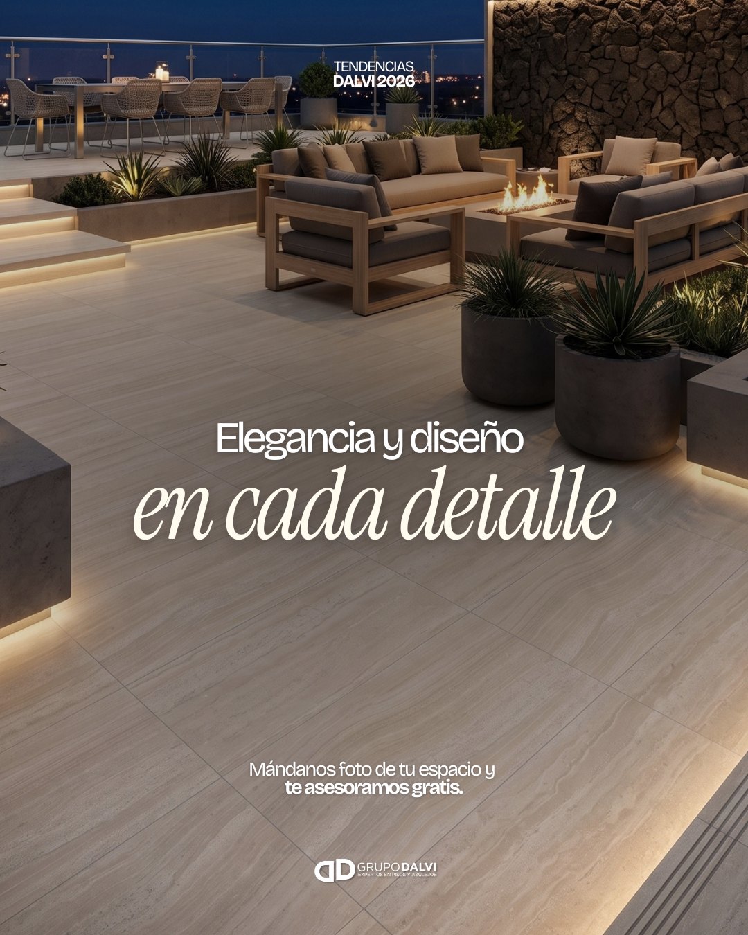 Terraza de noche con fogata y piso claro de gran formato, cierre de la serie Pisos mate en tendencia de Grupo Dalvi